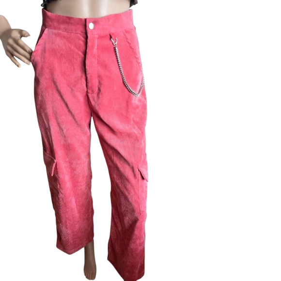 Women's Pink Corduroy High-Rise Flared Leg Silver Chain Detail Cargo Pants - Picture 5 of 16